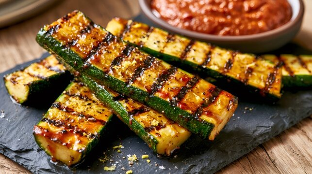 Grilled zucchini slices serving with spicy dip