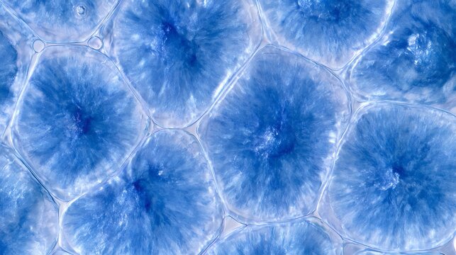 Blue biological cells forming abstract microscopic pattern