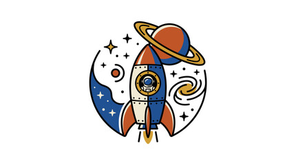 Fototapeta premium Retro rocket ship blasting off into outer space with planets and stars.