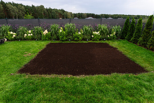 Preparing soil for sowing grass seeds in garden