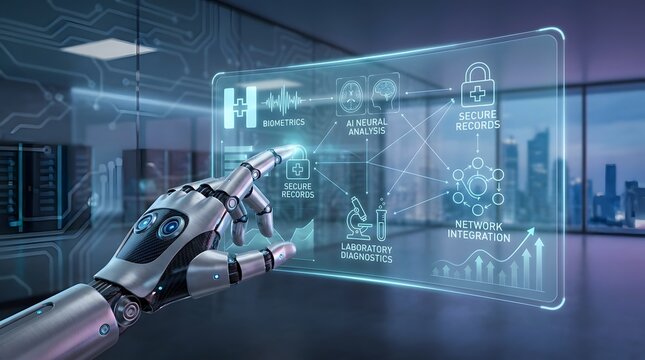 Artificial intelligence healthcare integration featuring robotic hand analyzing secure medical records and biometric diagnostic network