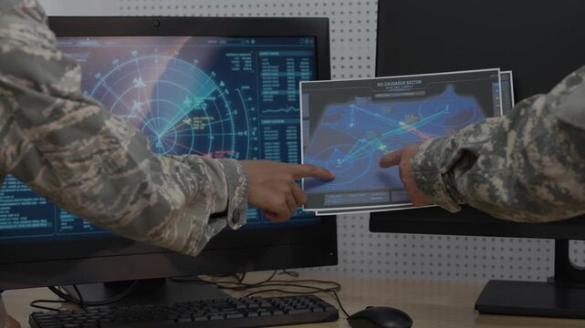 Military officers analyzing tactical map documents and digital tablet in command war room