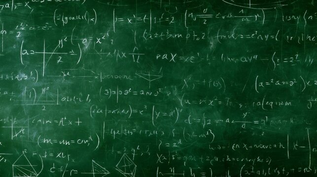 Complex mathematical equations and formulas on a green chalkboard