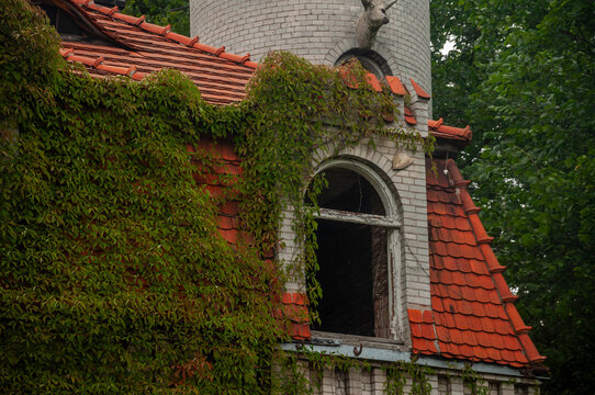 Abandoned overgrown mansion with spiral staircase, old car and ruined interior