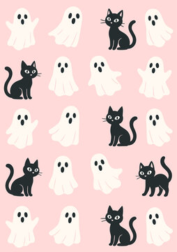 Unusual Halloween pattern with cute ghosts and black cats on pastel pink background. Kawaii sweet design for fabrics, gadgets, kids party and autumn decorations.