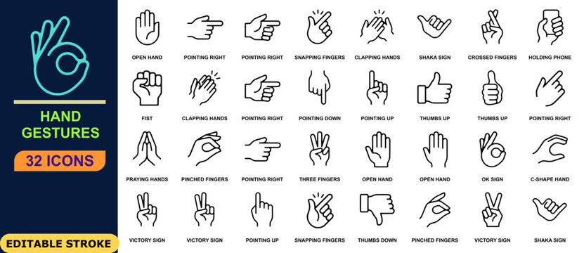 Collection of hand gesture icons in a linear style on a teal background