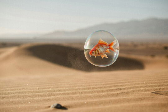 Goldfish inside clear glass bowl on sandy desert dunes, surreal concept of isolation and survival in harsh environment, creative minimal photo for advertising