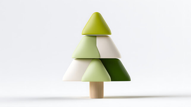 Minimalist 3D abstract wooden pine tree model with geometric green and white blocks on white background for modern holiday design use