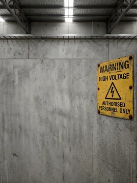 A weathered yellow warning sign indicating high voltage danger posted on a rough gray concrete wall inside an industrial facility where restricted access is enforced for safety and security