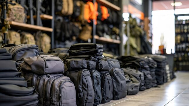 Tactical backpacks and gear filling an outdoor store