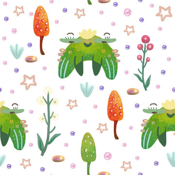 Cute Frog Summer Seamless Pattern with Mushrooms, Flowers and Magical Stars