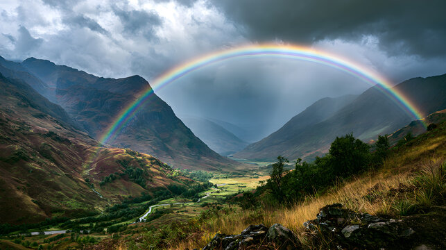 A vibrant rainbow arcs across a dramatic valley landscape with green fields and majestic mountains under a cloudy sky.