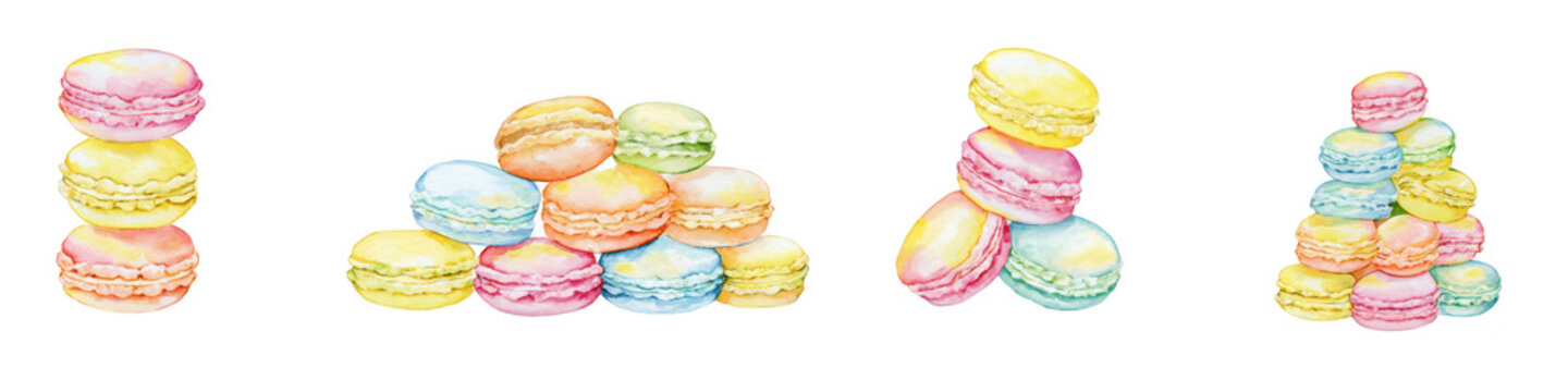 Watercolor illustration set of colorful French macarons in various stack arrangements.