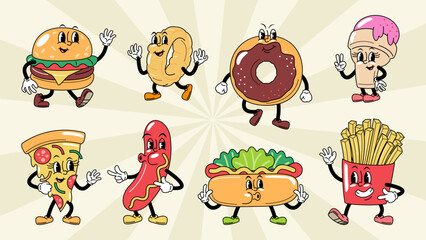 Obraz premium Fast food and junk food retro rubber hose cartoon characters set, featuring a burger, crispy onion string, donut, ice cream, pizza slice, hot dog sausage, sandwich hot dog and french fries. Vector.