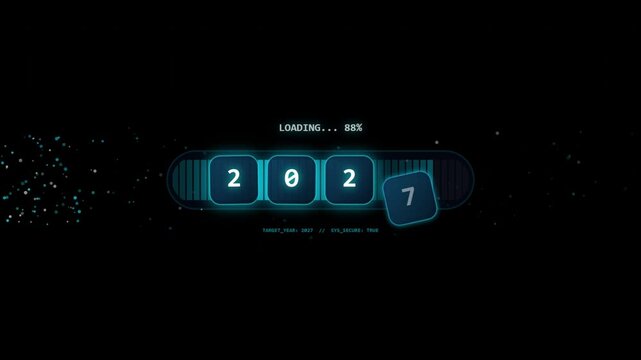 Futuristic digital interface loading screen displaying time travel target year two zero twenty seven.