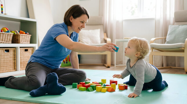 A loving mother and her adorable toddler enjoying playful interaction with colorful wooden building blocks on a soft playmat in a bright, modern home, fostering early childhood development, cogni