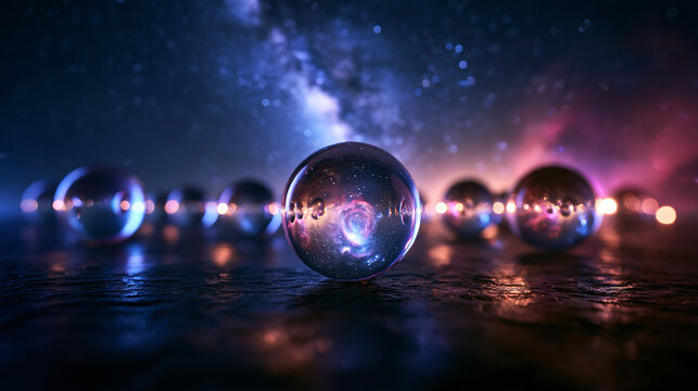 Cosmic Crystal Spheres Reflecting Galaxy and Starry Night Sky