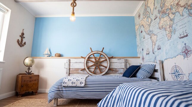 Nautical Themed Bedroom with Twin Beds and Marine Decor