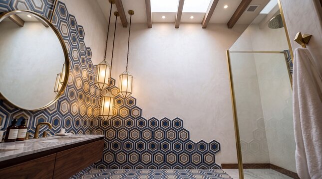 Modern Luxury Bathroom Interior with Geometric Hexagonal Tiles