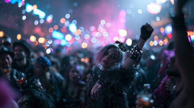 Woman Dancing in Crowd at Music Festival Nightlife