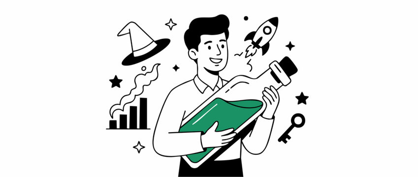 Businessman holding magic potion bottle for startup growth, business success strategy, innovation concept, rocket launch, magic formula, key solution icons in clean vector line art style.