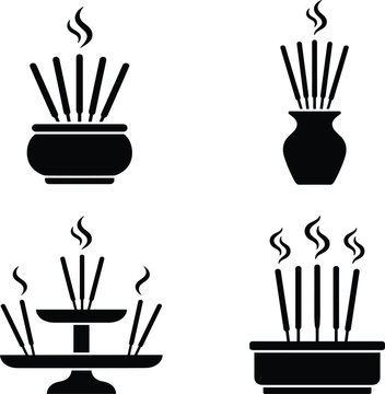 Incense stick holder burner vector icon set joss sticks aroma therapy solid black isolated white background layout design.eps