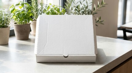 Fototapeta premium Clean white pizza box on a table with plants in the background.