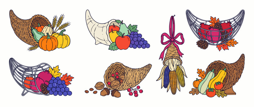 Thanksgiving cornucopia autumn harvest vector illustration set featuring horn of plenty baskets filled with pumpkins apples corn grapes nuts and fall leaves isolated on a clean white background.