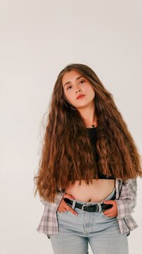 Young woman with long crimped brown hair and casual outfit posing against a white background