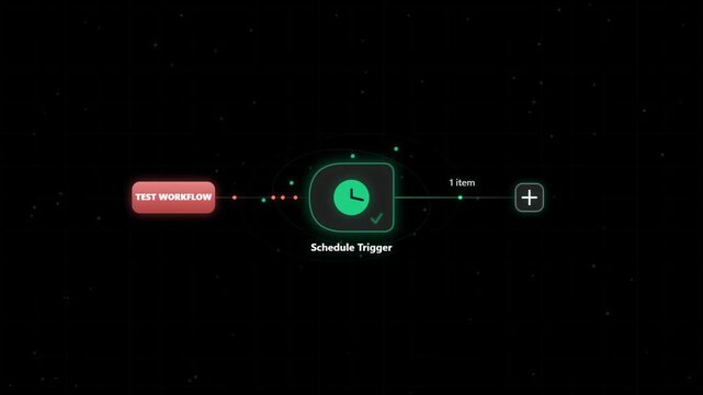 Animated process automation workflow node with schedule trigger icon on digital dark space.