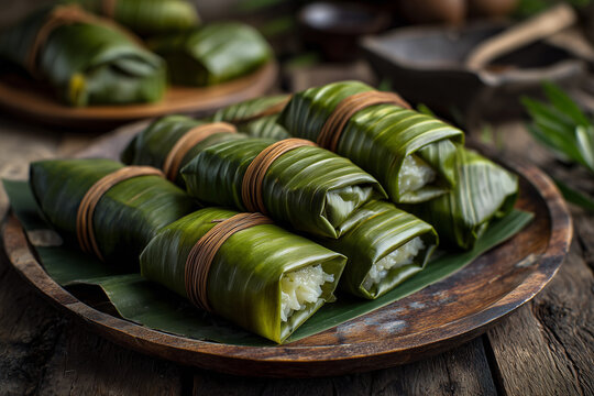 Traditional lemper glutinous rice snack wrapped in banana leaf