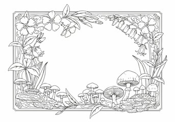 Obraz premium Ornate floral and mushroom border illustration
