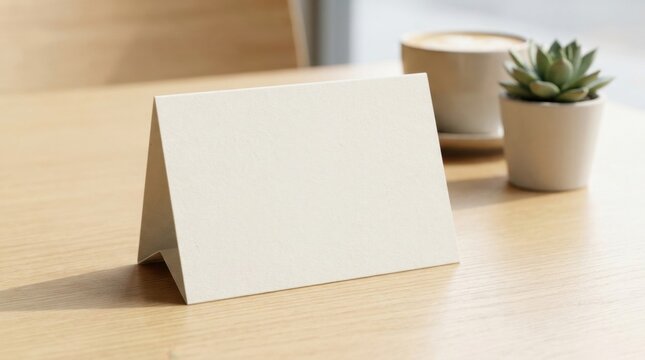 Blank white card on a wooden table with a small potted plant and coffee cup.