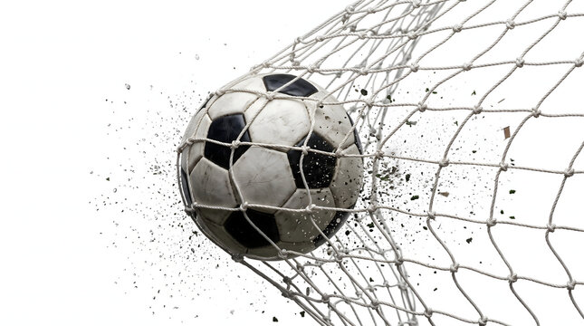 Powerful soccer ball strikes net, explosive dust splash on white. Captures thrilling decisive goal, symbolizing ultimate victory, achievement, and success in sports. Ideal for competition, triump