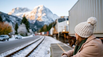 Fototapeta premium A woman in warm attire gazes at breathtaking snow-covered mountains and a passing train, embodying the thrill of adventure in winter's pristine beauty.