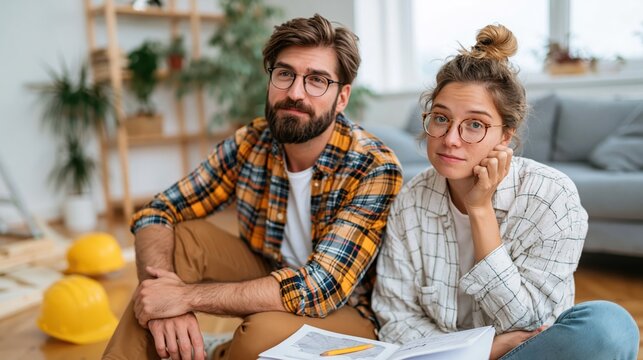 A stylish couple sitting in a cozy living room, deep in thought, surrounded by home improvement materials, reflecting a shared journey and life&rsquo;s decisions.