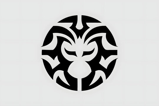 Symmetrical tribal monkey gorilla mask emblem in a circular black vector layout.