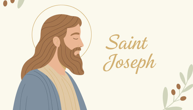 Religious profile illustration of Saint Joseph with a golden halo on a warm cream background with olive branches.