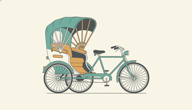 Classic vintage cycle rickshaw or trishaw tricycle taxi illustration in a light green and orange color palette.