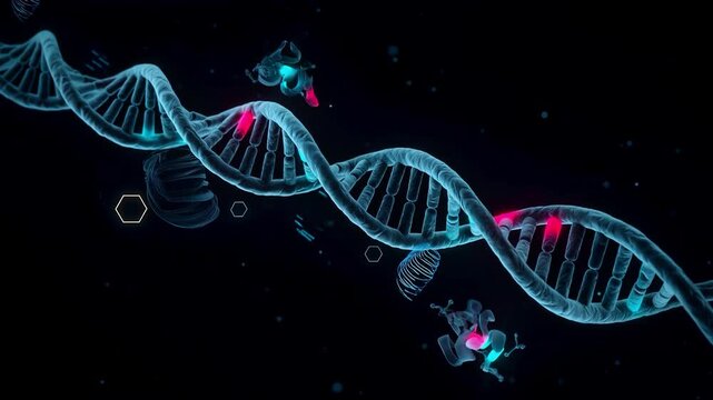 Detailed 3D Animation of DNA Double Helix Strand with Molecular Interactions, Genetic Code Structure, and Glowing Biochemical Elements for Medical Research
