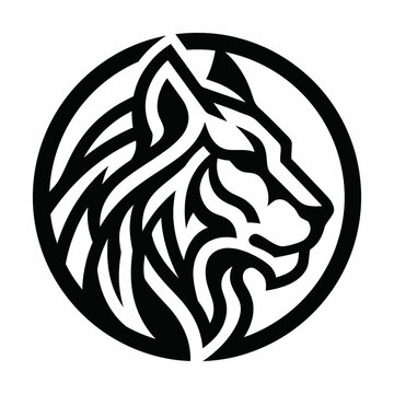 Bold black and white wolf head logo design with flame mane in minimalist circular frame