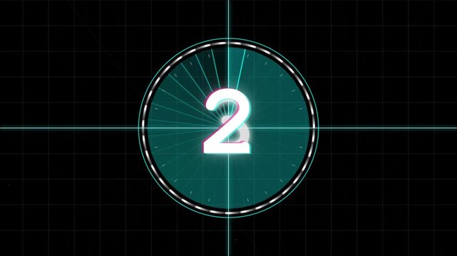 Futuristic digital countdown timer with glowing number four and radial light effect on dark grid