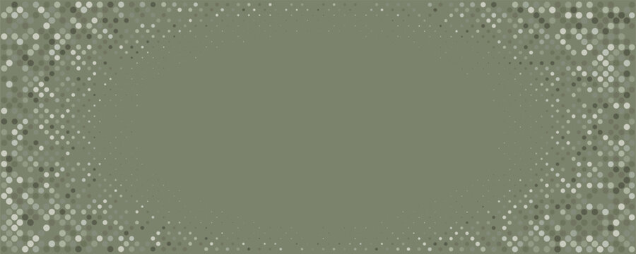 Abstract green halftone background with round dots frame surrounding empty copy space in center.