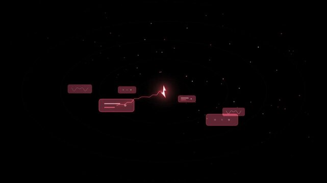 Abstract digital data visualization with red glowing charts moving in circular dark space.