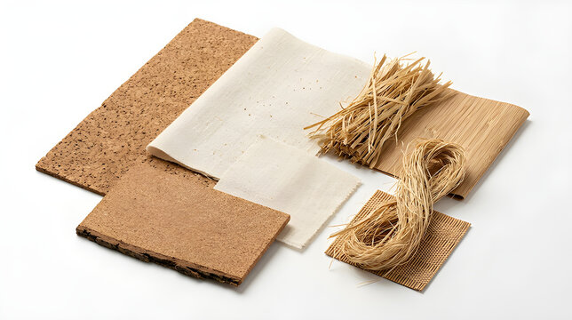 Sustainable eco-friendly materials including cork sheets, natural fabric, and raffia fiber.