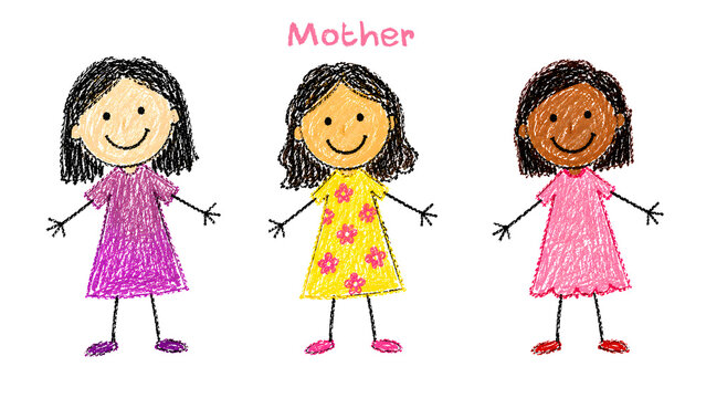 Motherhood Concept with Three Happy Mothers in Childlike Crayon Style