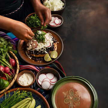 Authentic Mexican tostada preparation with fresh ingredients, traditional rustic latin cuisine, chef garnishing black bean dish