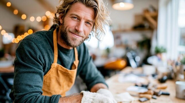 A smiling artisan works diligently in a warm, inviting workshop, exhibiting craftsmanship and confidence in creating beautiful handmade items surrounded by tools and materials.