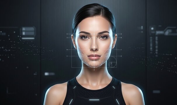 Futuristic facial scanning and biometric identification analysis with white data lines on a woman face.