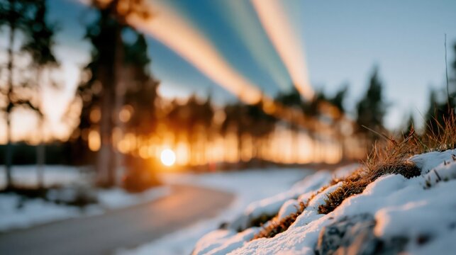 A snowy road is captured beautifully with sunlight streaming through trees, creating a serene winter landscape that evokes feelings of peace and tranquility in nature's beauty.